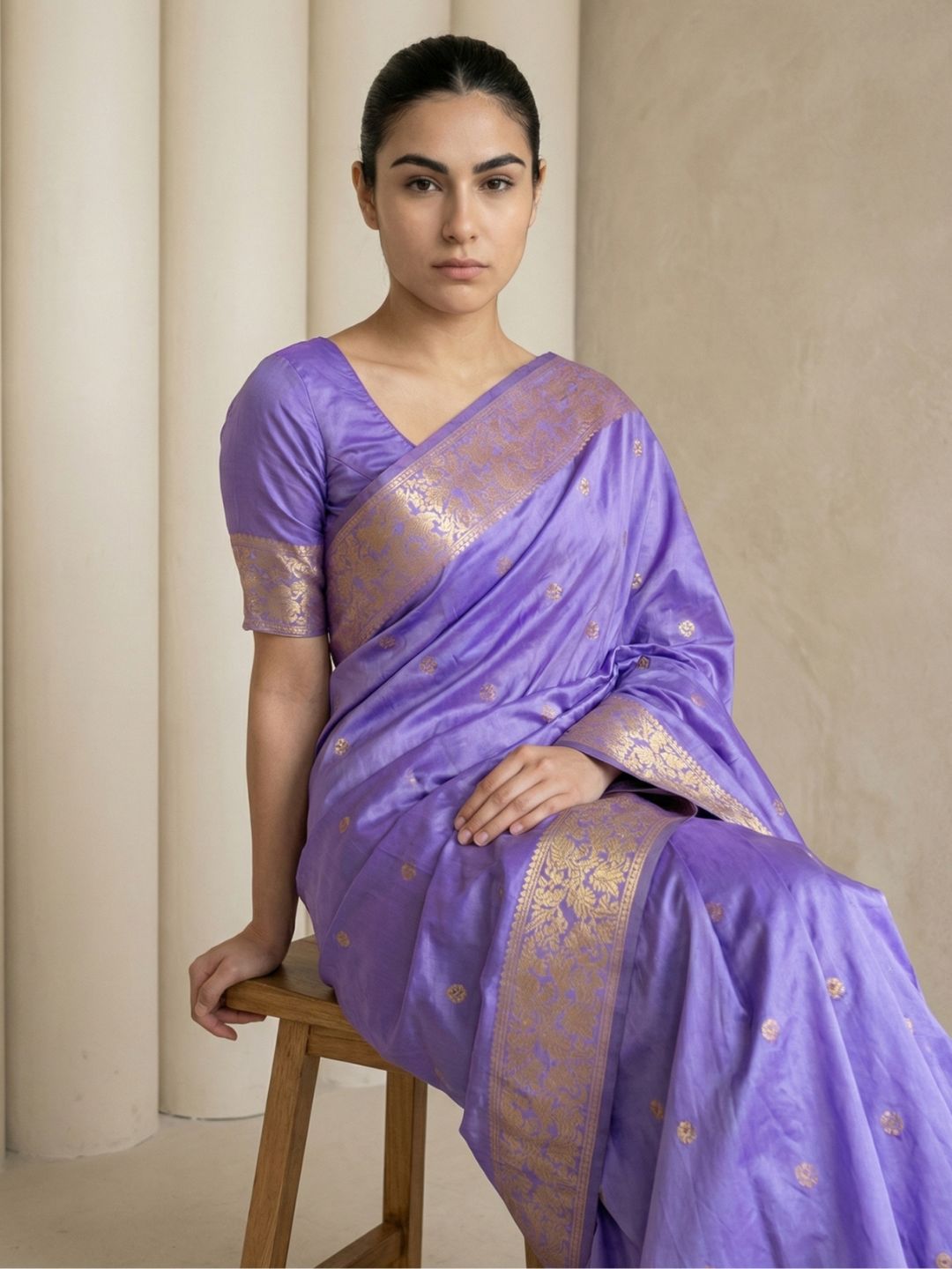 Lavender Soft Silk Saree Gold Zari Floral Motifs Meenakari Sparrow Pallu Saree With Running Blouse