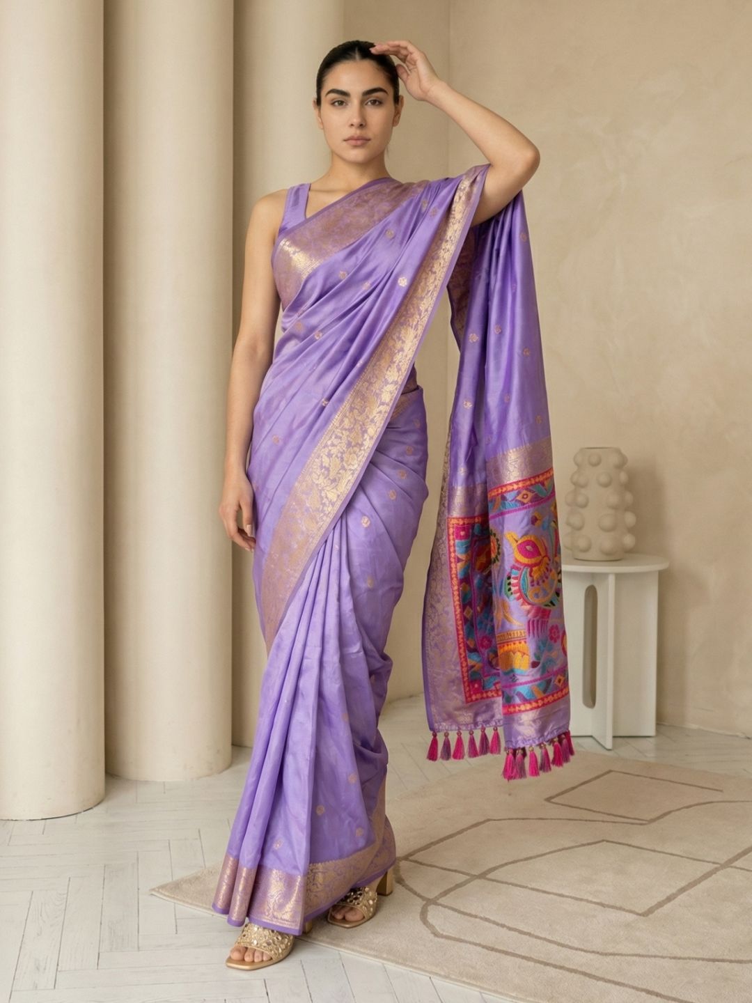 Lavender Soft Silk Saree Gold Zari Floral Motifs Meenakari Sparrow Pallu Saree With Running Blouse