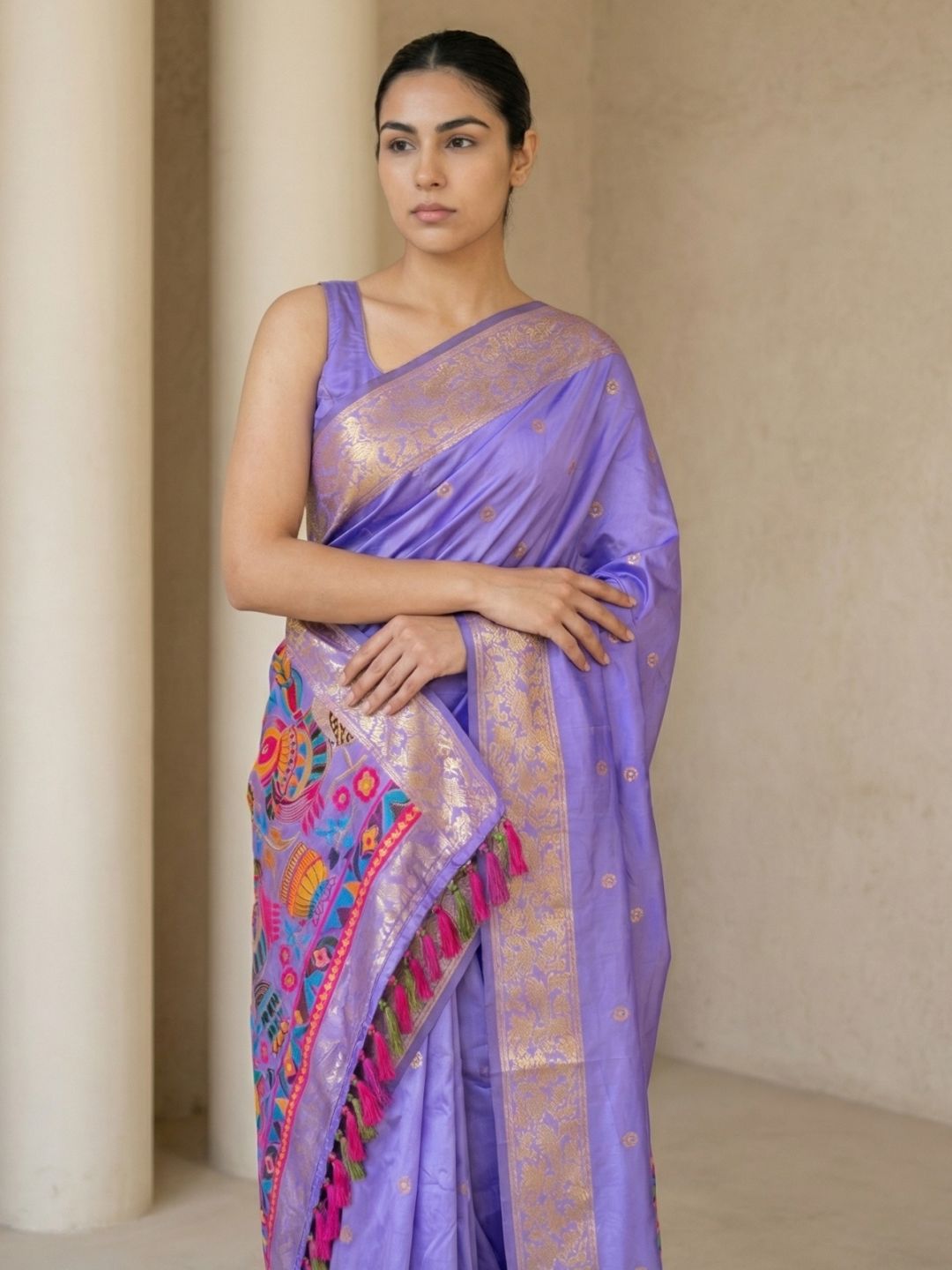 Lavender Soft Silk Saree Gold Zari Floral Motifs Meenakari Sparrow Pallu Saree With Running Blouse