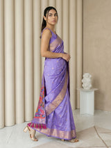 Lavender Soft Silk Saree Gold Zari Floral Motifs Meenakari Sparrow Pallu Saree With Running Blouse