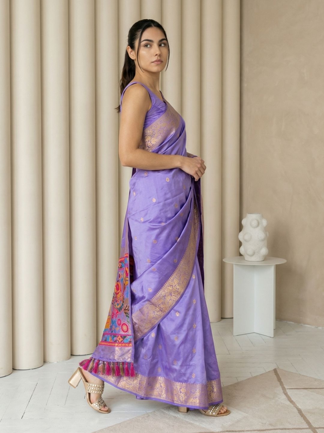 Lavender Soft Silk Saree Gold Zari Floral Motifs Meenakari Sparrow Pallu Saree With Running Blouse