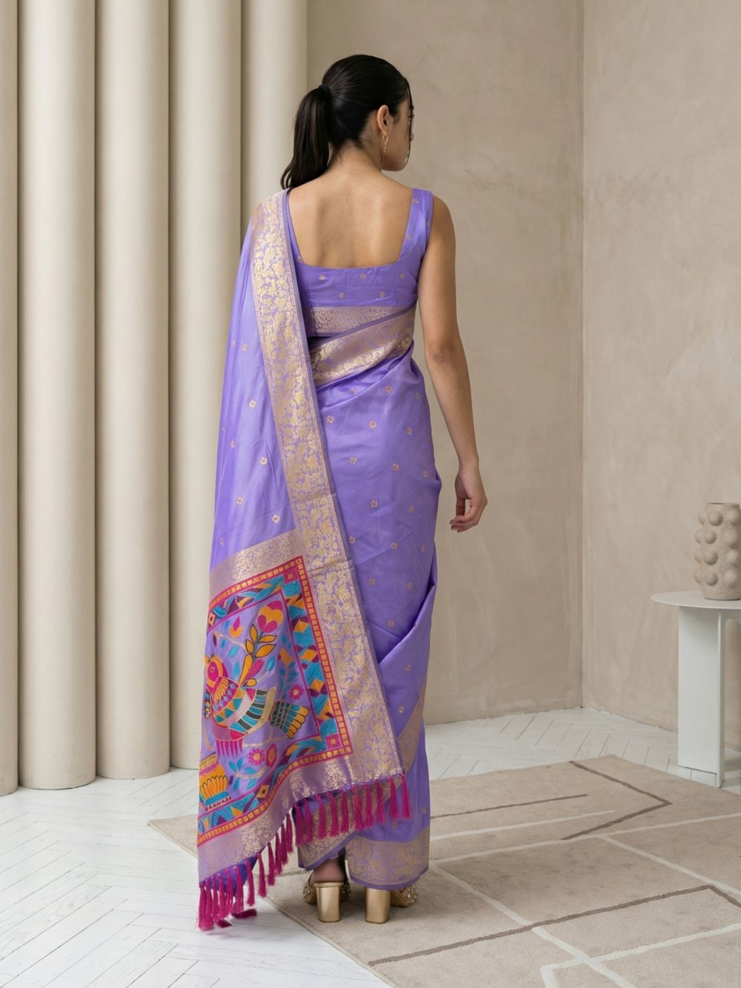 Lavender Soft Silk Saree Gold Zari Floral Motifs Meenakari Sparrow Pallu Saree With Running Blouse
