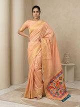 Peach Soft Silk Saree Gold Zari Floral Motifs Meenakari Sparrow Pallu Saree With Running Blouse