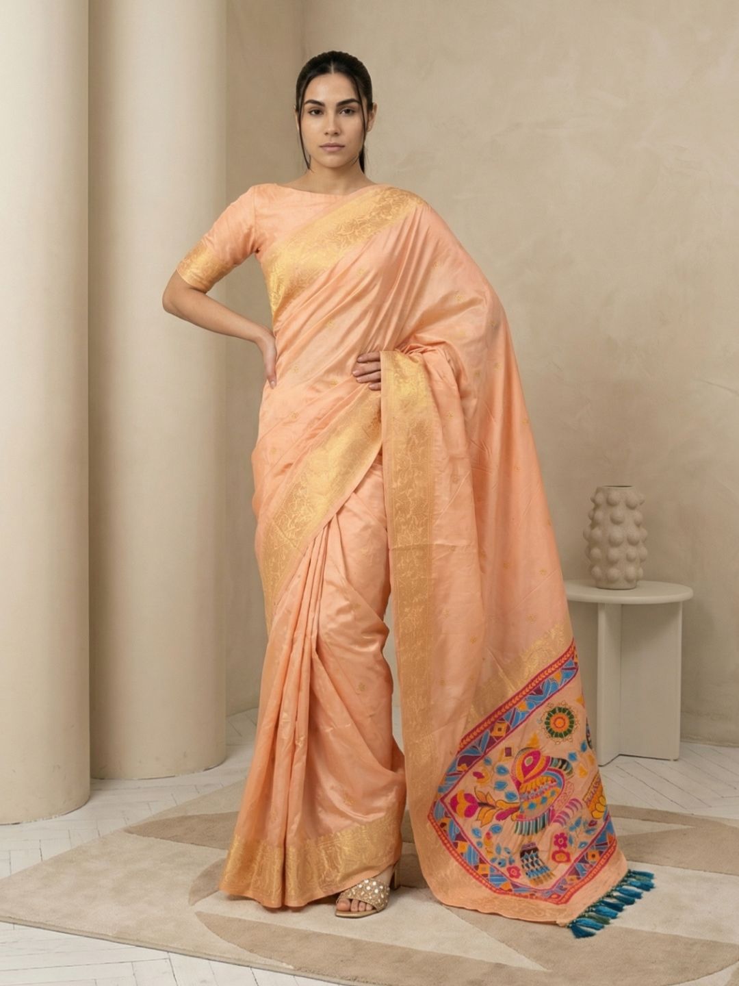 Peach Soft Silk Saree Gold Zari Floral Motifs Meenakari Sparrow Pallu Saree With Running Blouse