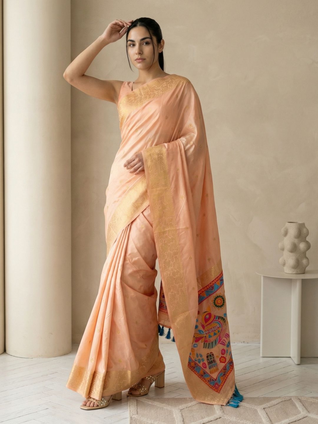 Peach Soft Silk Saree Gold Zari Floral Motifs Meenakari Sparrow Pallu Saree With Running Blouse