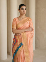 Peach Soft Silk Saree Gold Zari Floral Motifs Meenakari Sparrow Pallu Saree With Running Blouse