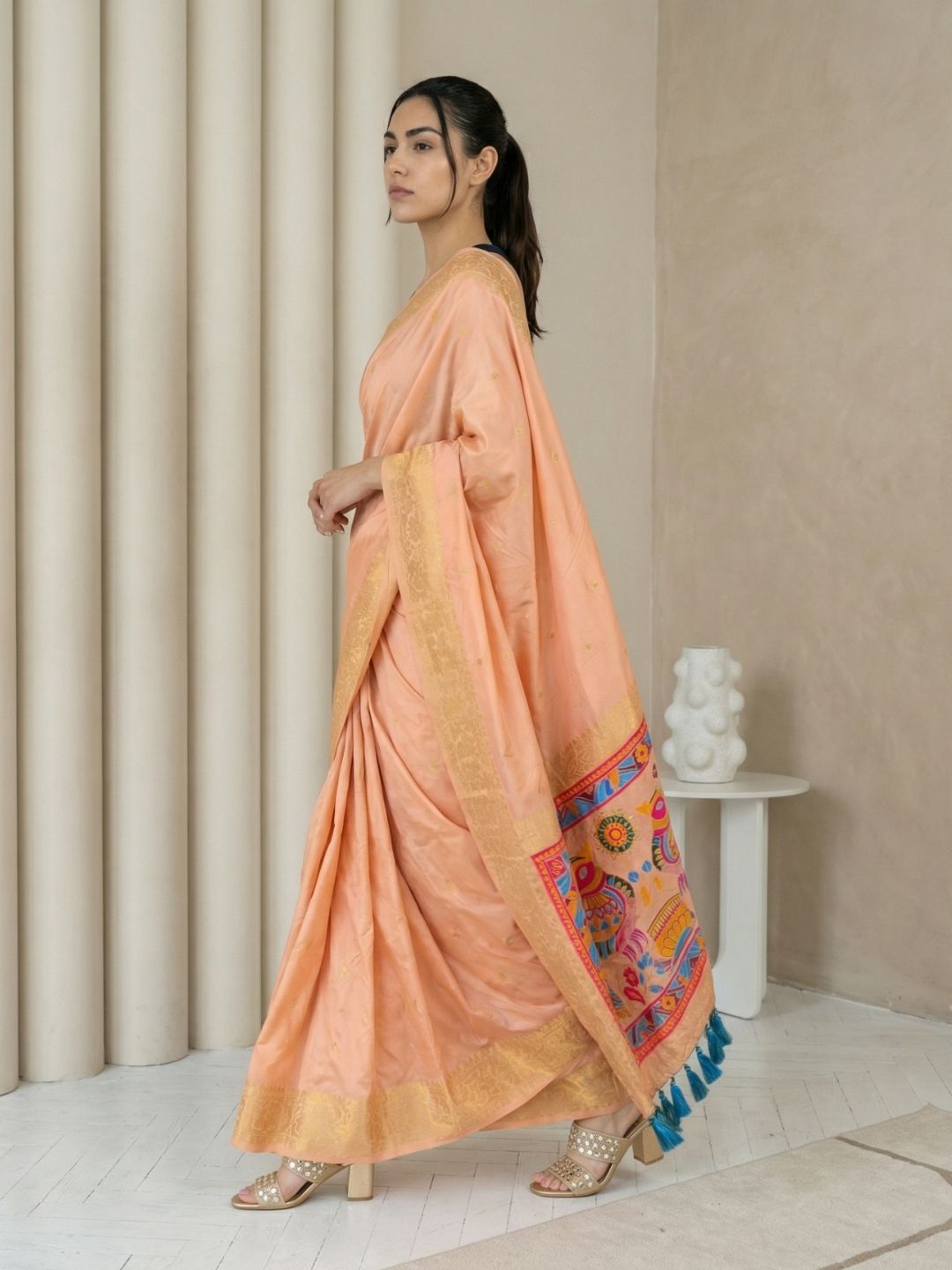 Peach Soft Silk Saree Gold Zari Floral Motifs Meenakari Sparrow Pallu Saree With Running Blouse