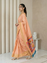 Peach Soft Silk Saree Gold Zari Floral Motifs Meenakari Sparrow Pallu Saree With Running Blouse