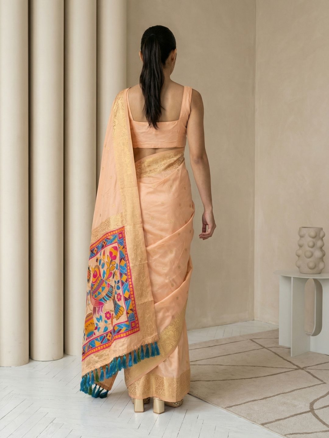 Peach Soft Silk Saree Gold Zari Floral Motifs Meenakari Sparrow Pallu Saree With Running Blouse