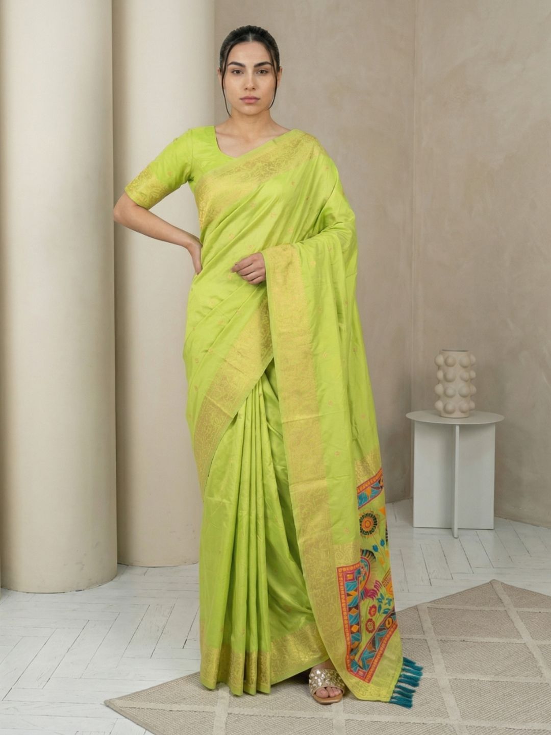 Pista Soft Silk Saree Gold Zari Floral Motifs Meenakari Sparrow Pallu Saree With Running Blouse