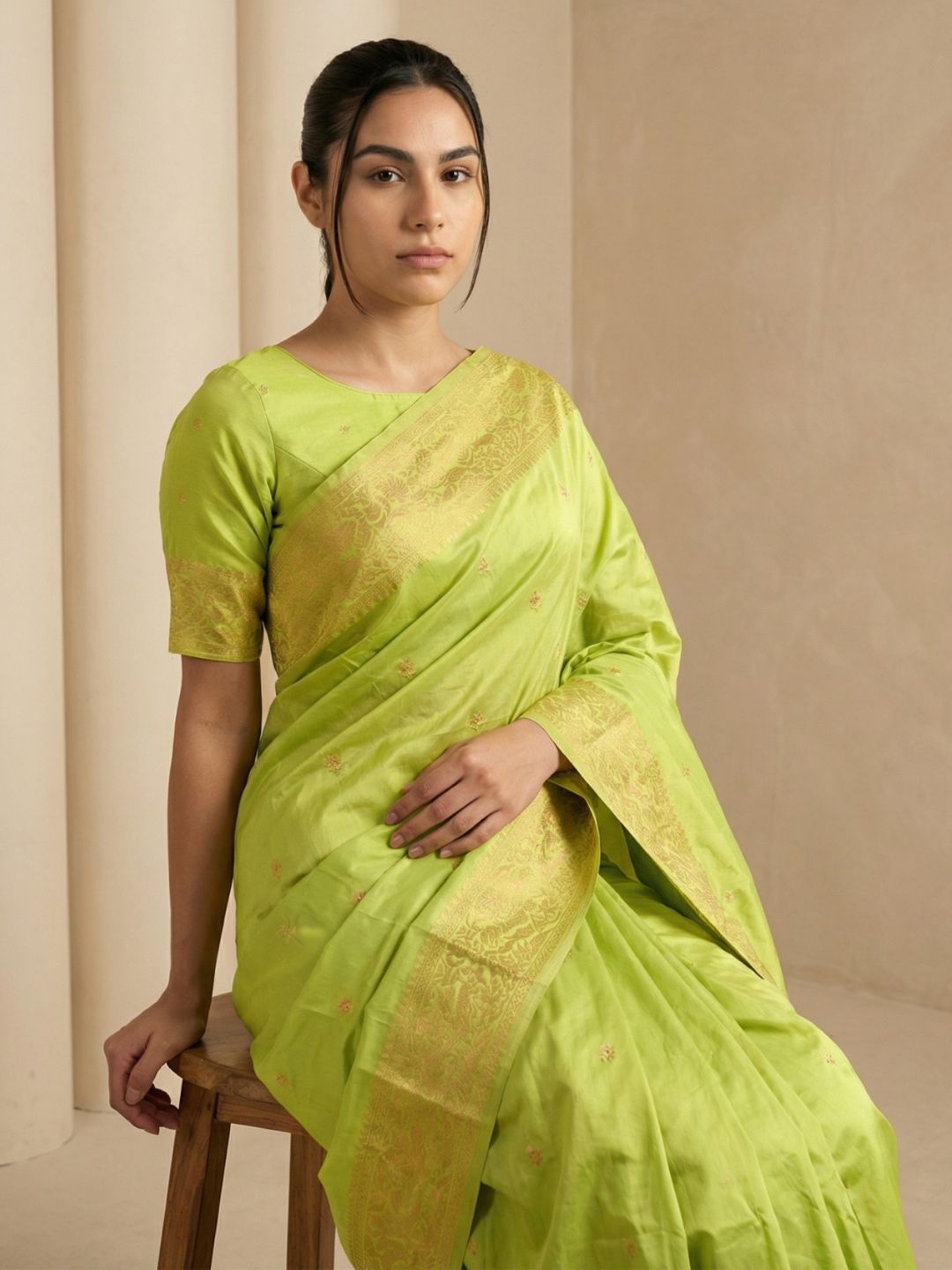 Pista Soft Silk Saree Gold Zari Floral Motifs Meenakari Sparrow Pallu Saree With Running Blouse