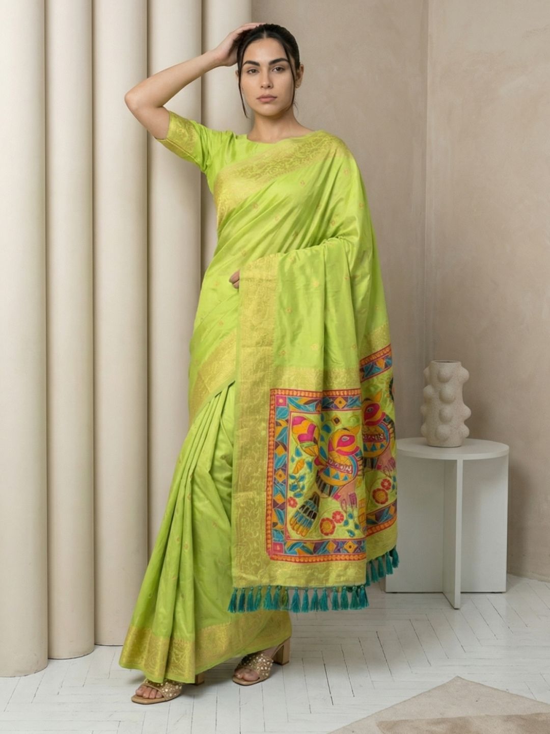 Pista Soft Silk Saree Gold Zari Floral Motifs Meenakari Sparrow Pallu Saree With Running Blouse