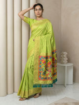 Pista Soft Silk Saree Gold Zari Floral Motifs Meenakari Sparrow Pallu Saree With Running Blouse