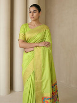Pista Soft Silk Saree Gold Zari Floral Motifs Meenakari Sparrow Pallu Saree With Running Blouse