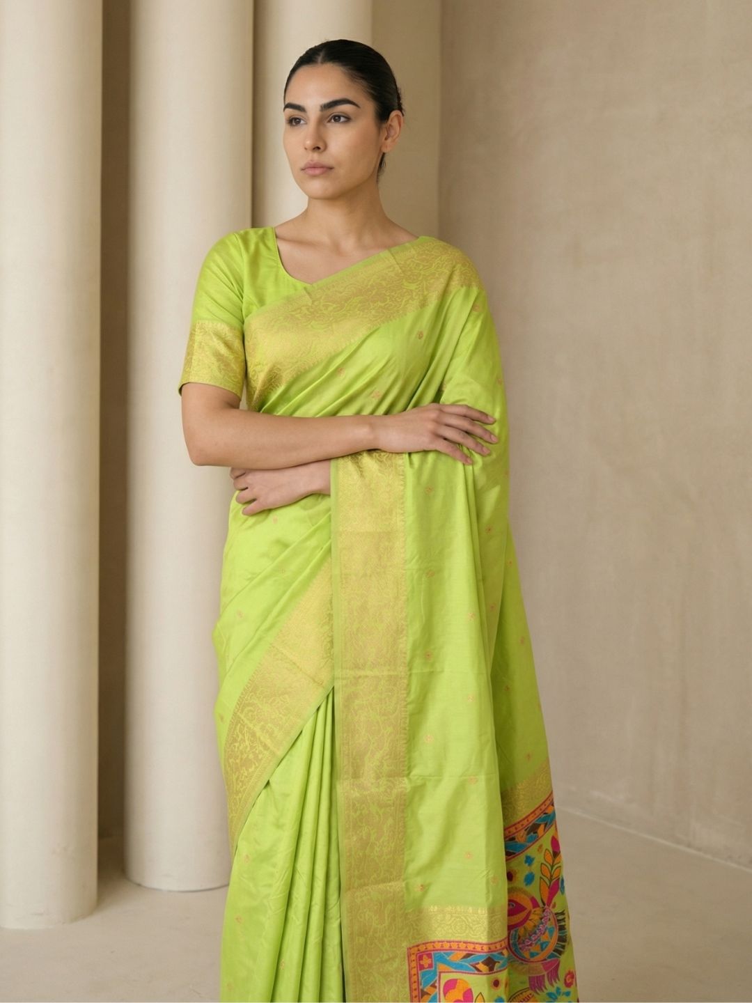 Pista Soft Silk Saree Gold Zari Floral Motifs Meenakari Sparrow Pallu Saree With Running Blouse