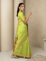 Pista Soft Silk Saree Gold Zari Floral Motifs Meenakari Sparrow Pallu Saree With Running Blouse