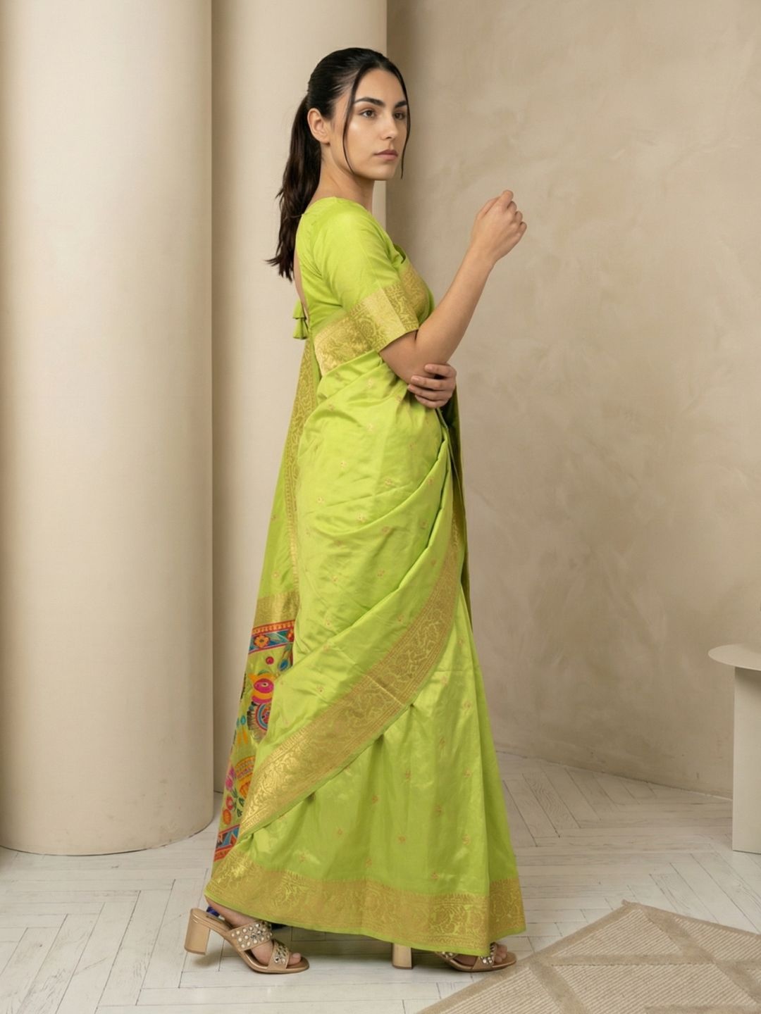 Pista Soft Silk Saree Gold Zari Floral Motifs Meenakari Sparrow Pallu Saree With Running Blouse