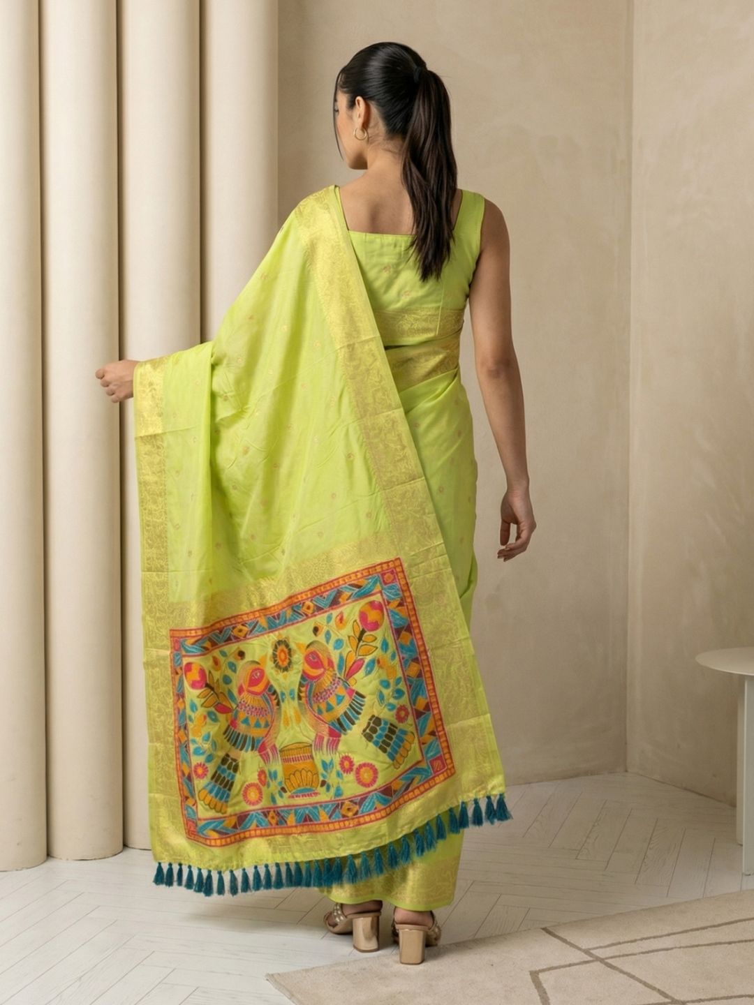 Pista Soft Silk Saree Gold Zari Floral Motifs Meenakari Sparrow Pallu Saree With Running Blouse