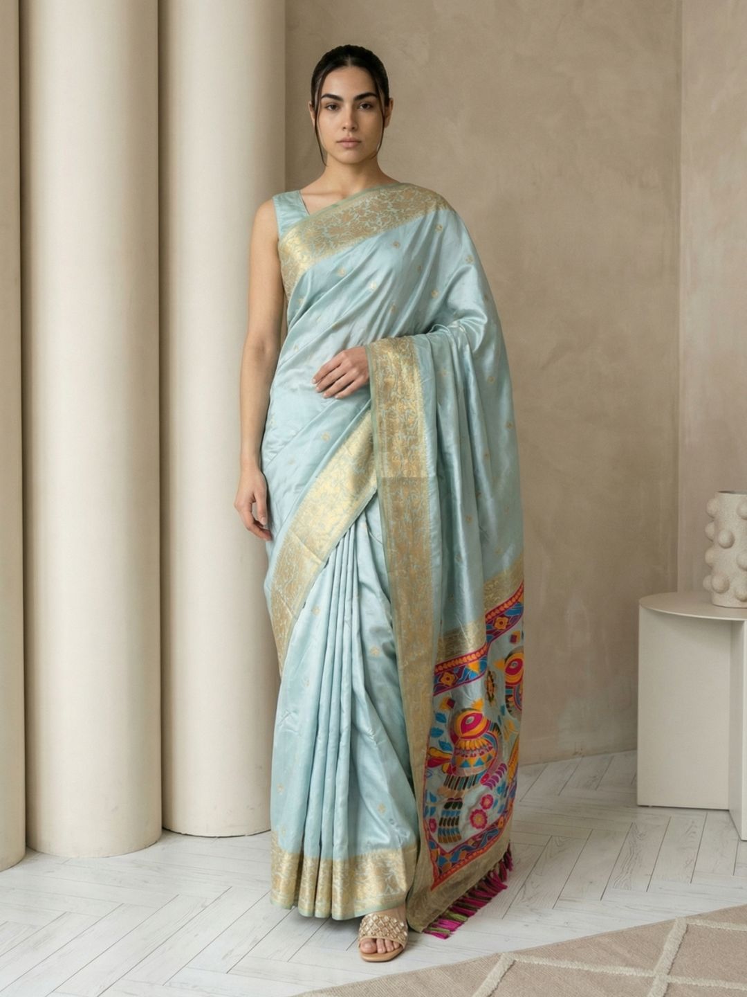 Sky Soft Silk Saree Gold Zari Floral Motifs Meenakari Sparrow Pallu Saree With Running Blouse