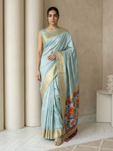 Sky Soft Silk Saree Gold Zari Floral Motifs Meenakari Sparrow Pallu Saree With Running Blouse