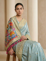 Sky Soft Silk Saree Gold Zari Floral Motifs Meenakari Sparrow Pallu Saree With Running Blouse