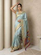 Sky Soft Silk Saree Gold Zari Floral Motifs Meenakari Sparrow Pallu Saree With Running Blouse