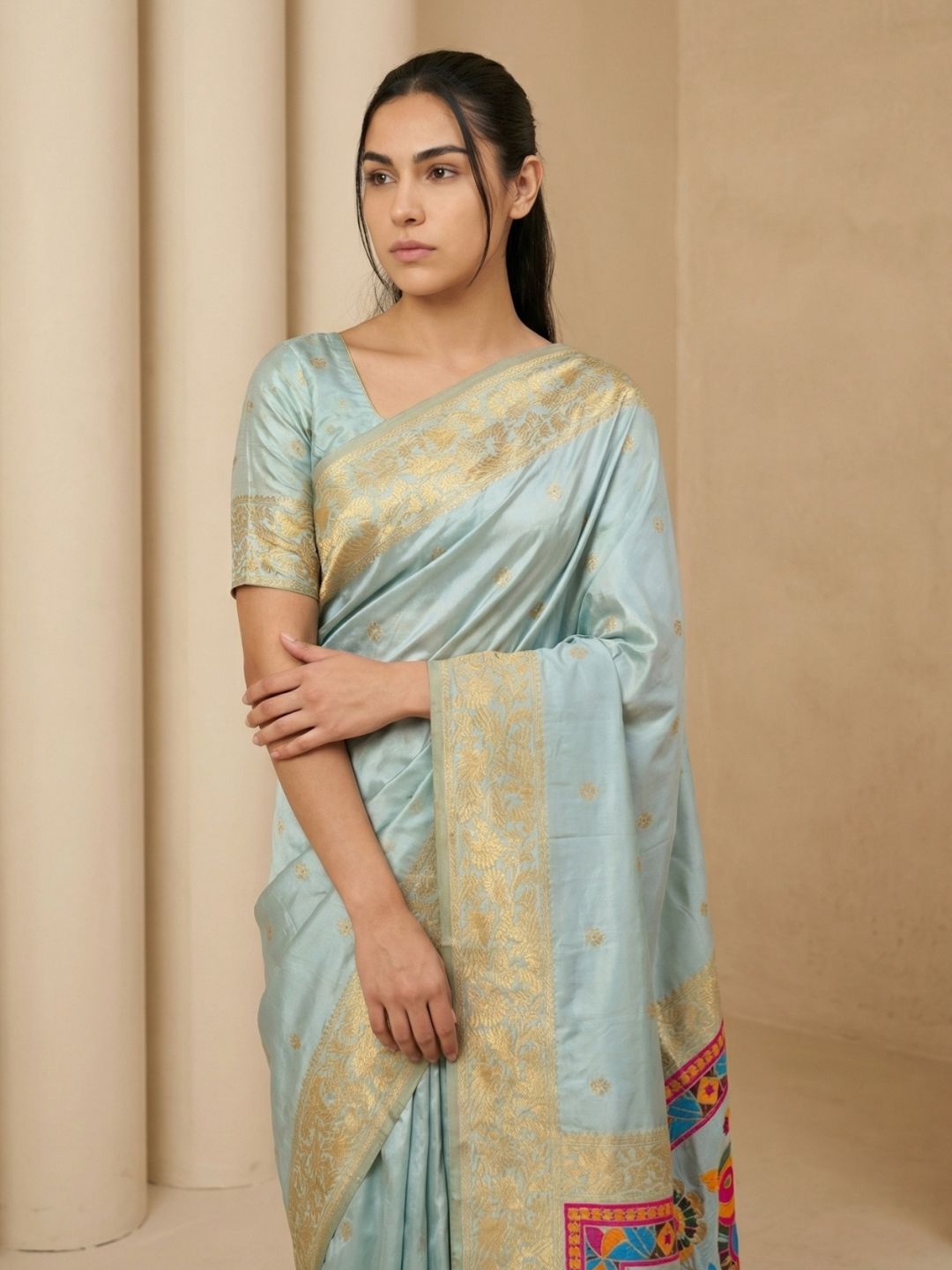 Sky Soft Silk Saree Gold Zari Floral Motifs Meenakari Sparrow Pallu Saree With Running Blouse