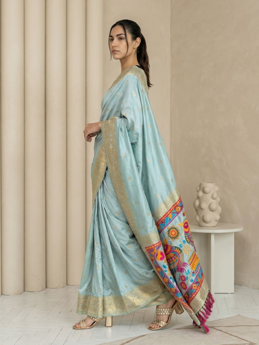 Sky Soft Silk Saree Gold Zari Floral Motifs Meenakari Sparrow Pallu Saree With Running Blouse