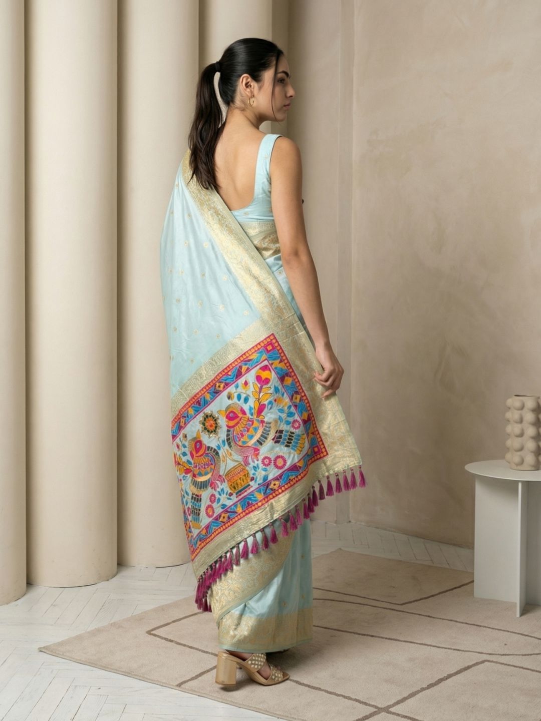 Sky Soft Silk Saree Gold Zari Floral Motifs Meenakari Sparrow Pallu Saree With Running Blouse