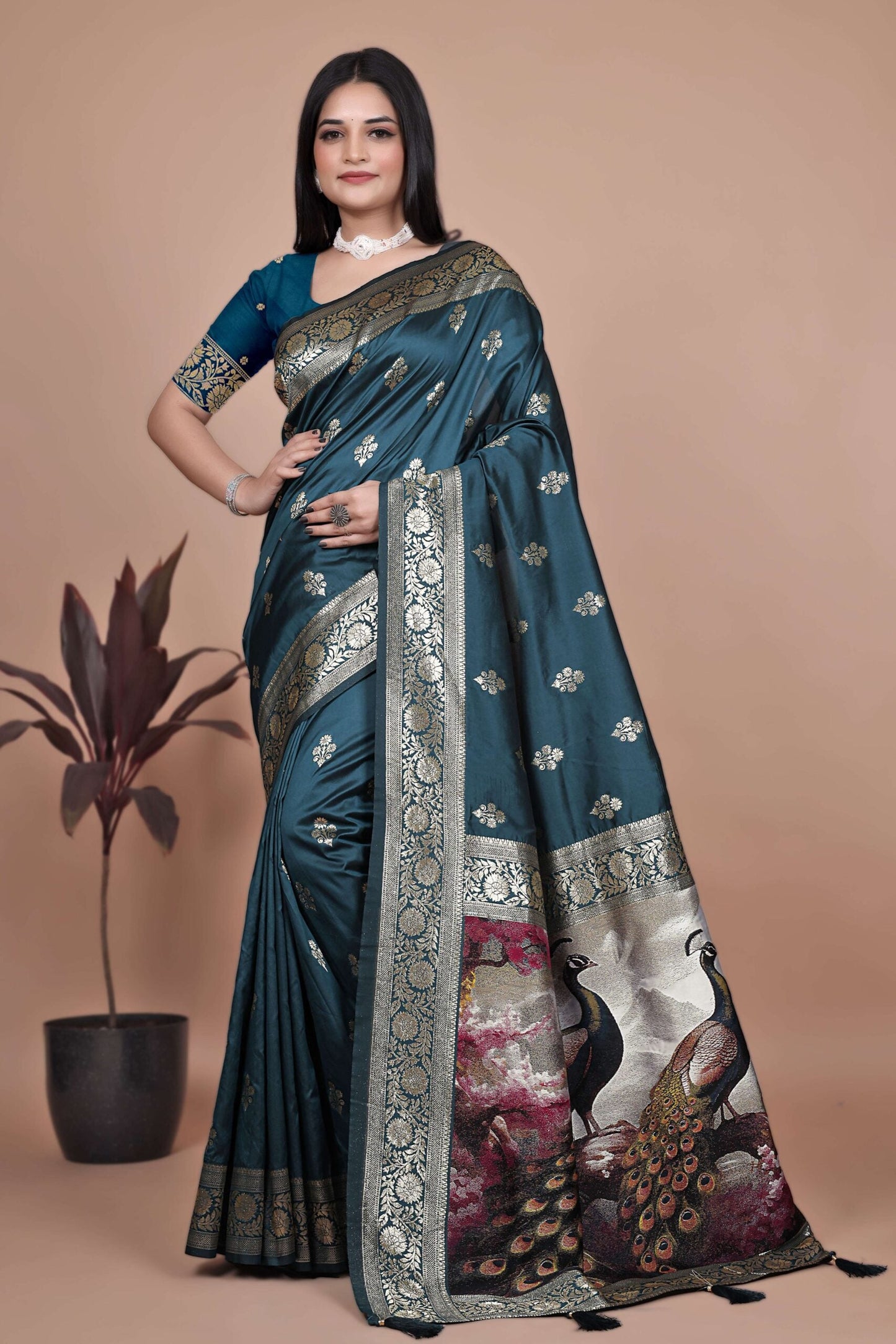 Teal Silk Saree with Banarasi