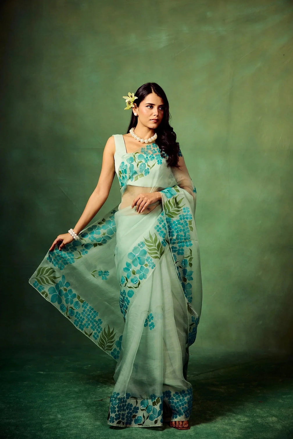 Sky Blue Pure Organza Hand-Painted Saree with White Floral Motifs & Sequins | Modal Satin Blouse