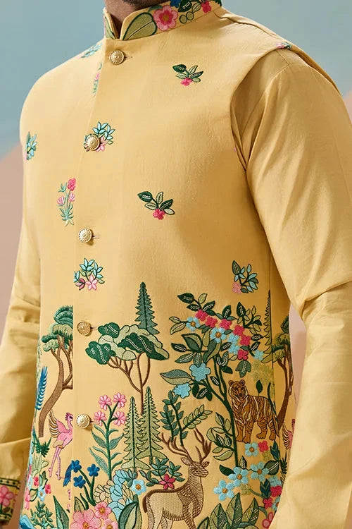Haldi Special Yellow Classic Koti Kurta Set for Mens Wear