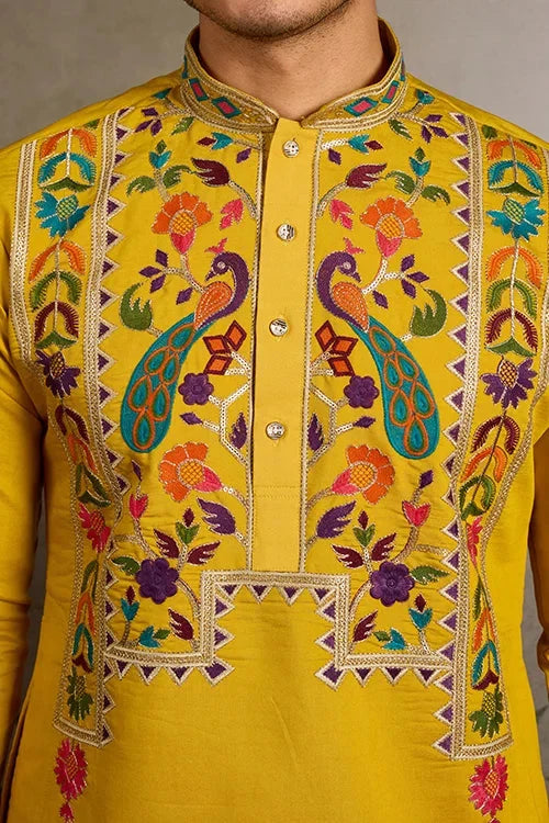 Haldi Special Yellow Embroidered Kurta for Men