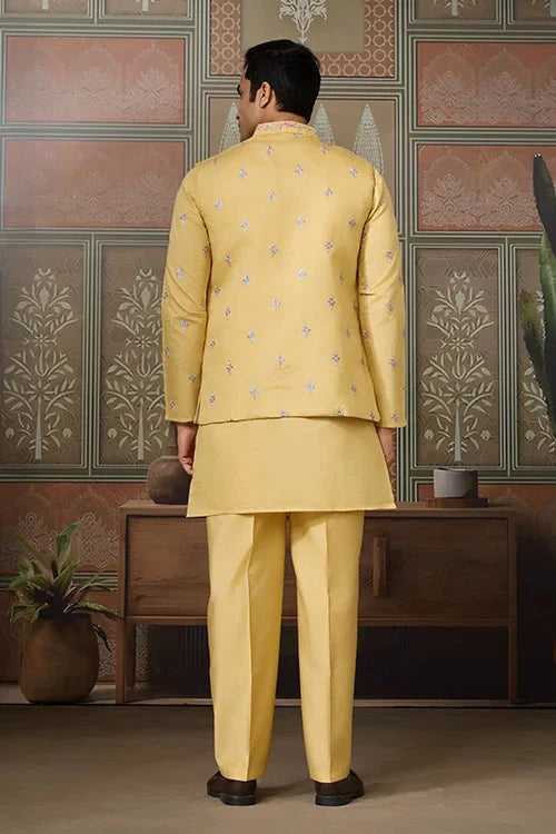 Trending Yellow Haldi Ceremony Koti Kurta for Men