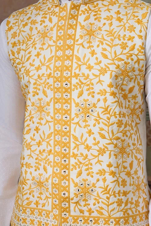 Haldi Special Yellow Koti with White Kurta for Mens