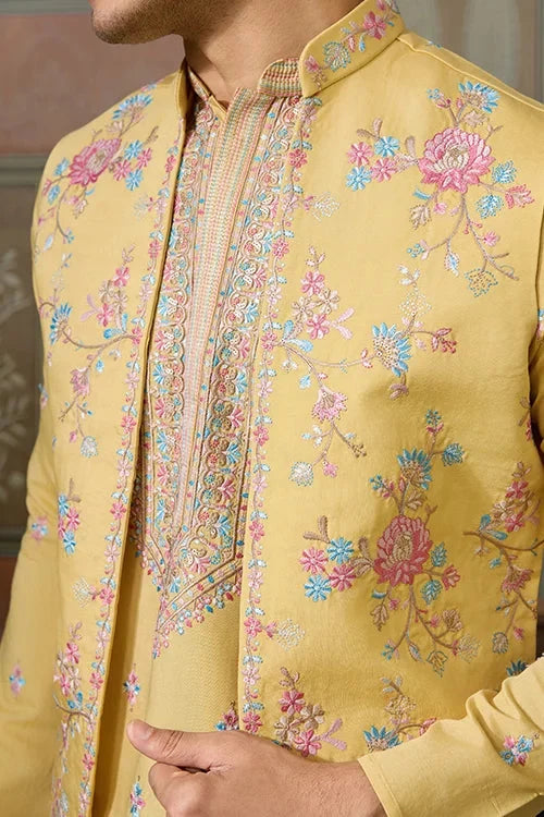 Trending Yellow Haldi Ceremony Koti Kurta for Men