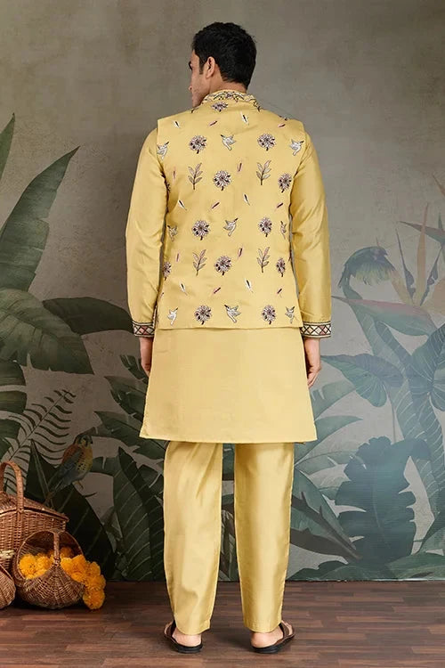 Haldi Special Yellow Kurta Pajama with Open Jacket for Men