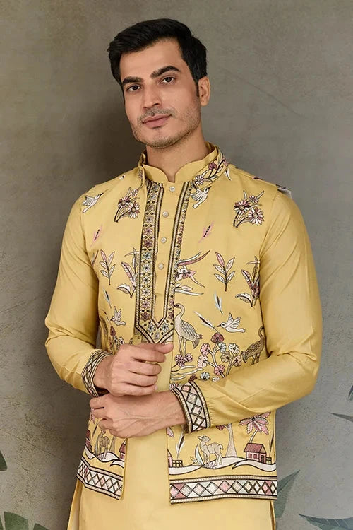 Haldi Special Yellow Kurta Pajama with Open Jacket for Men