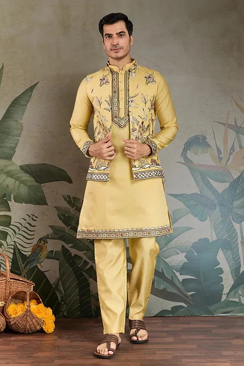 Haldi Special Yellow Kurta Pajama with Open Jacket for Men