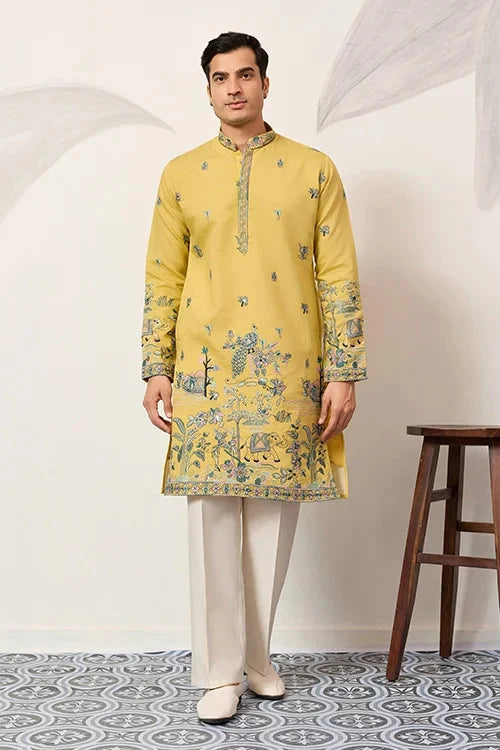 Elegant Haldi Yellow Mens Wear Kurta for Wedding Function