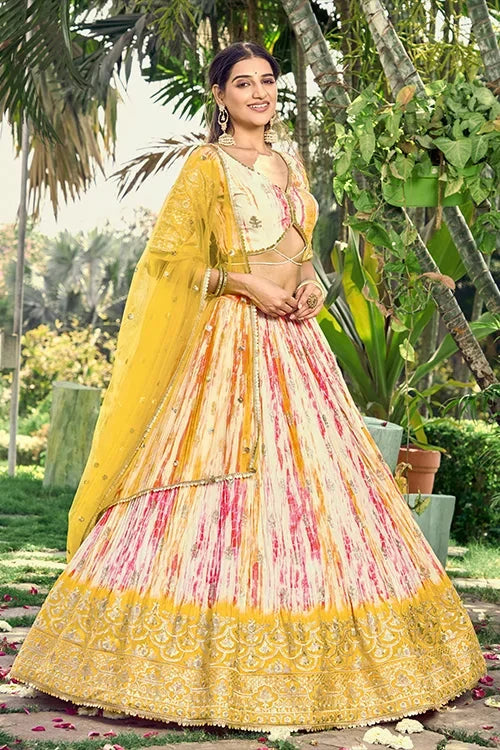 Haldi Function Special Sequins Embroidered With Digital Print Work Lehenga Choli
