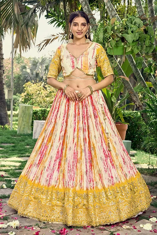 Haldi Function Special Sequins Embroidered With Digital Print Work Lehenga Choli