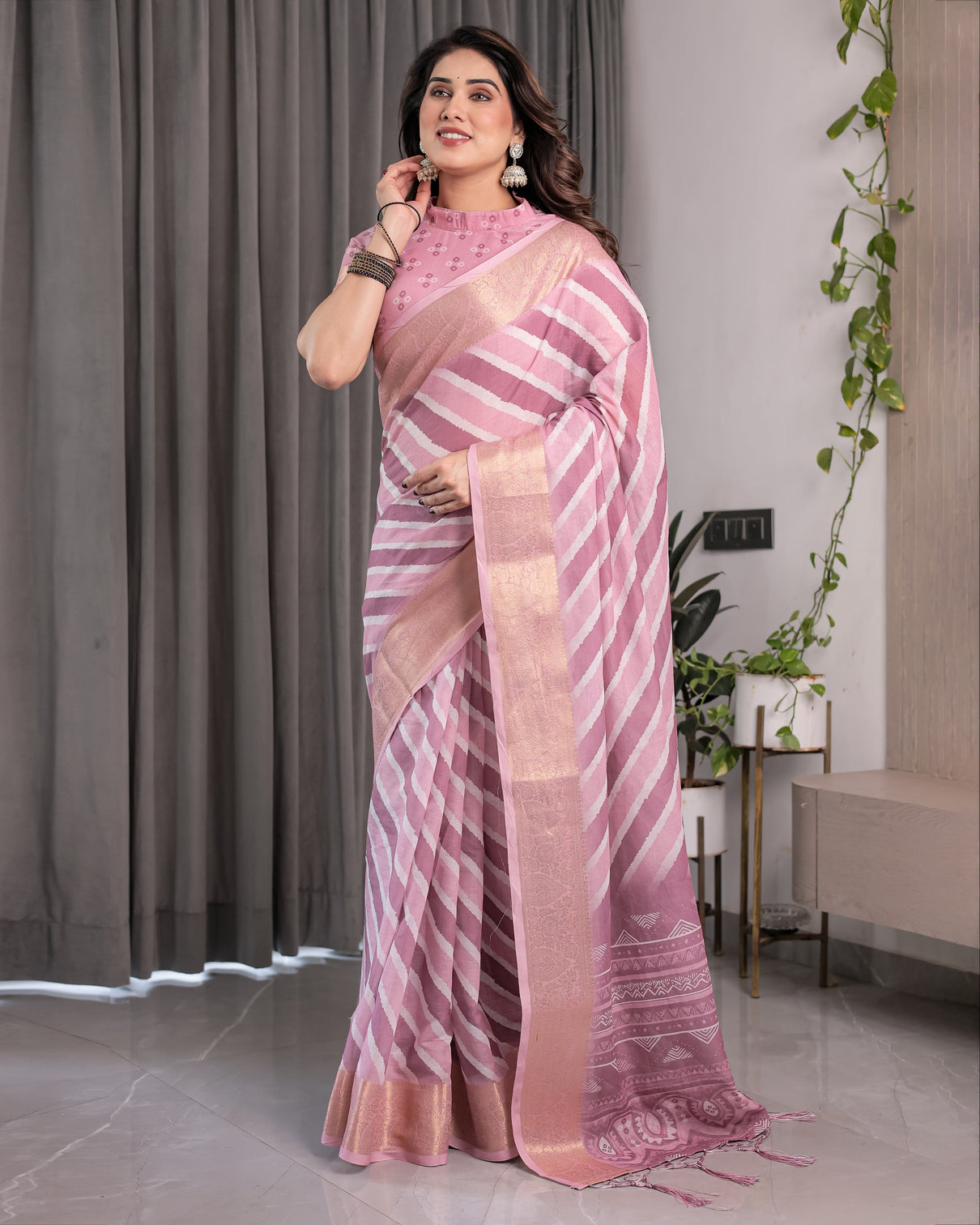 Artisan dusty pink handloom linen saree with tribal pallu