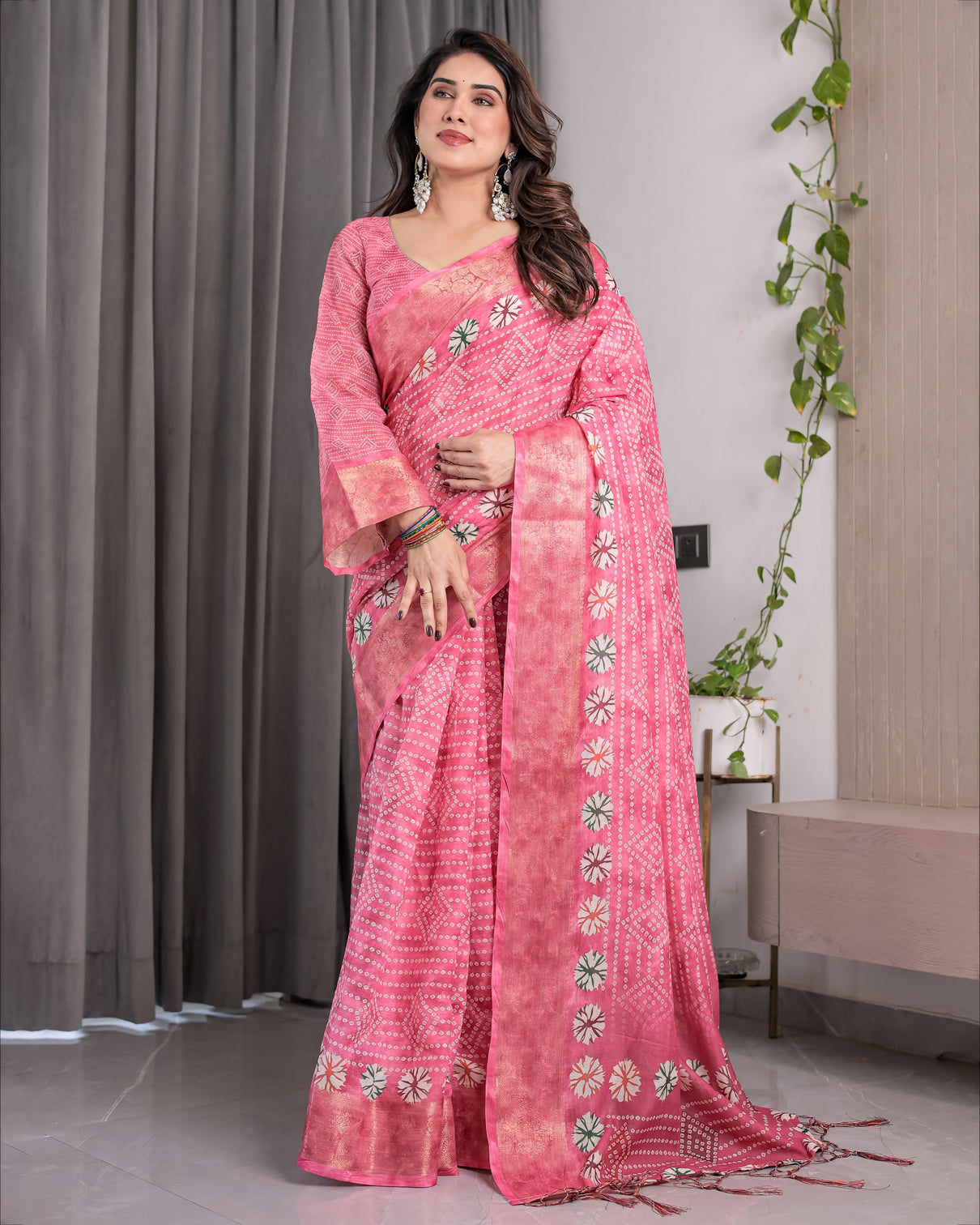 Artisan Rose Pink Handloom Linen Saree with Bandhani Inspired Floral Print