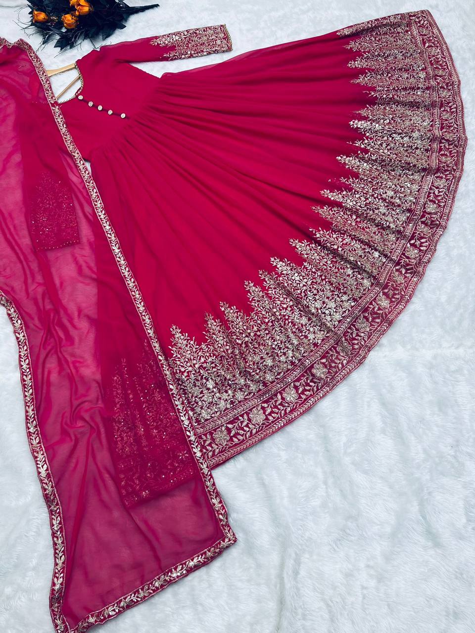 Hot Pink Color Sequence Embroidery Work Gown