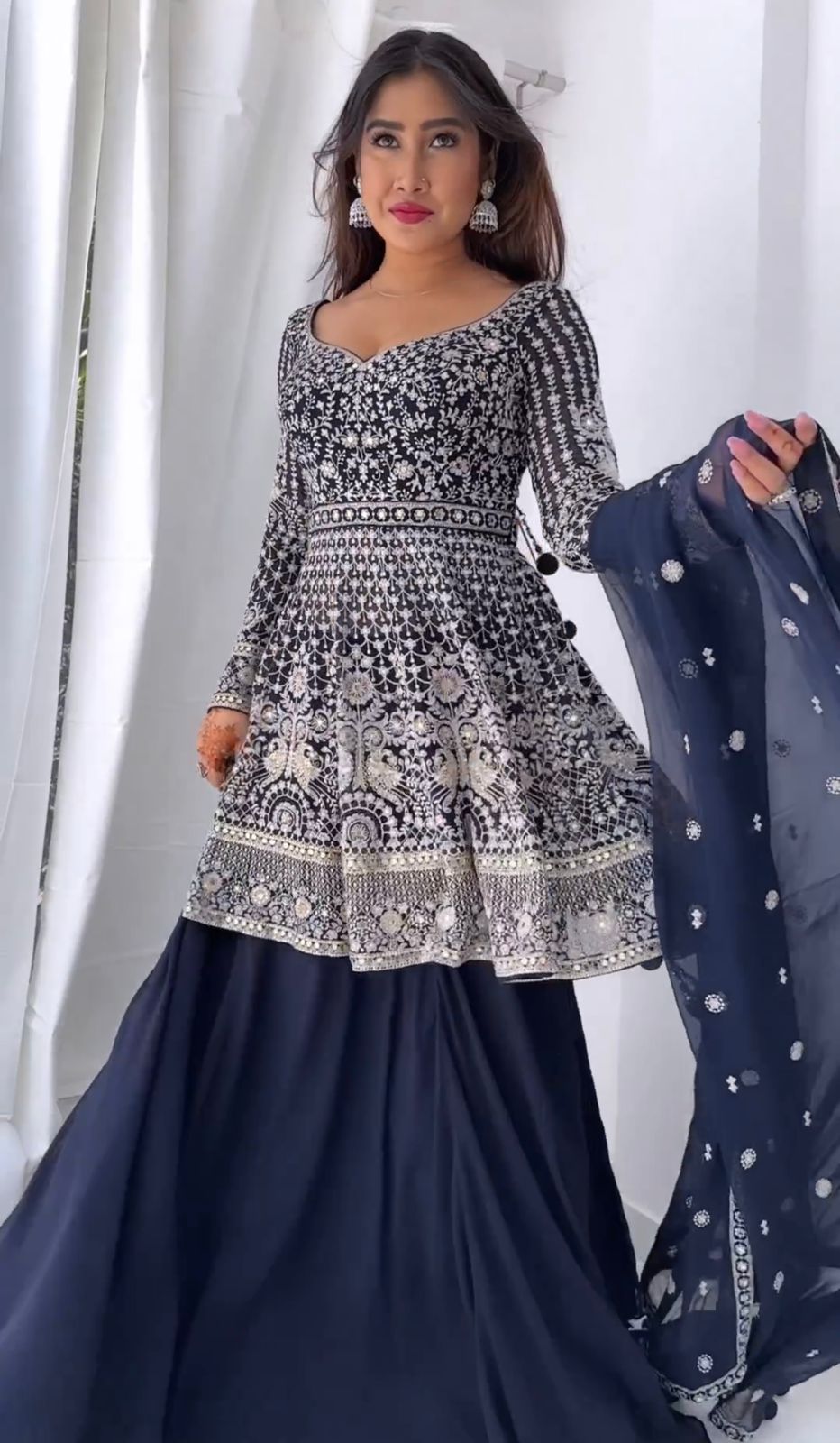 Navy Blue Color Embroidery Sequence Work Lovely Top With Lehenga