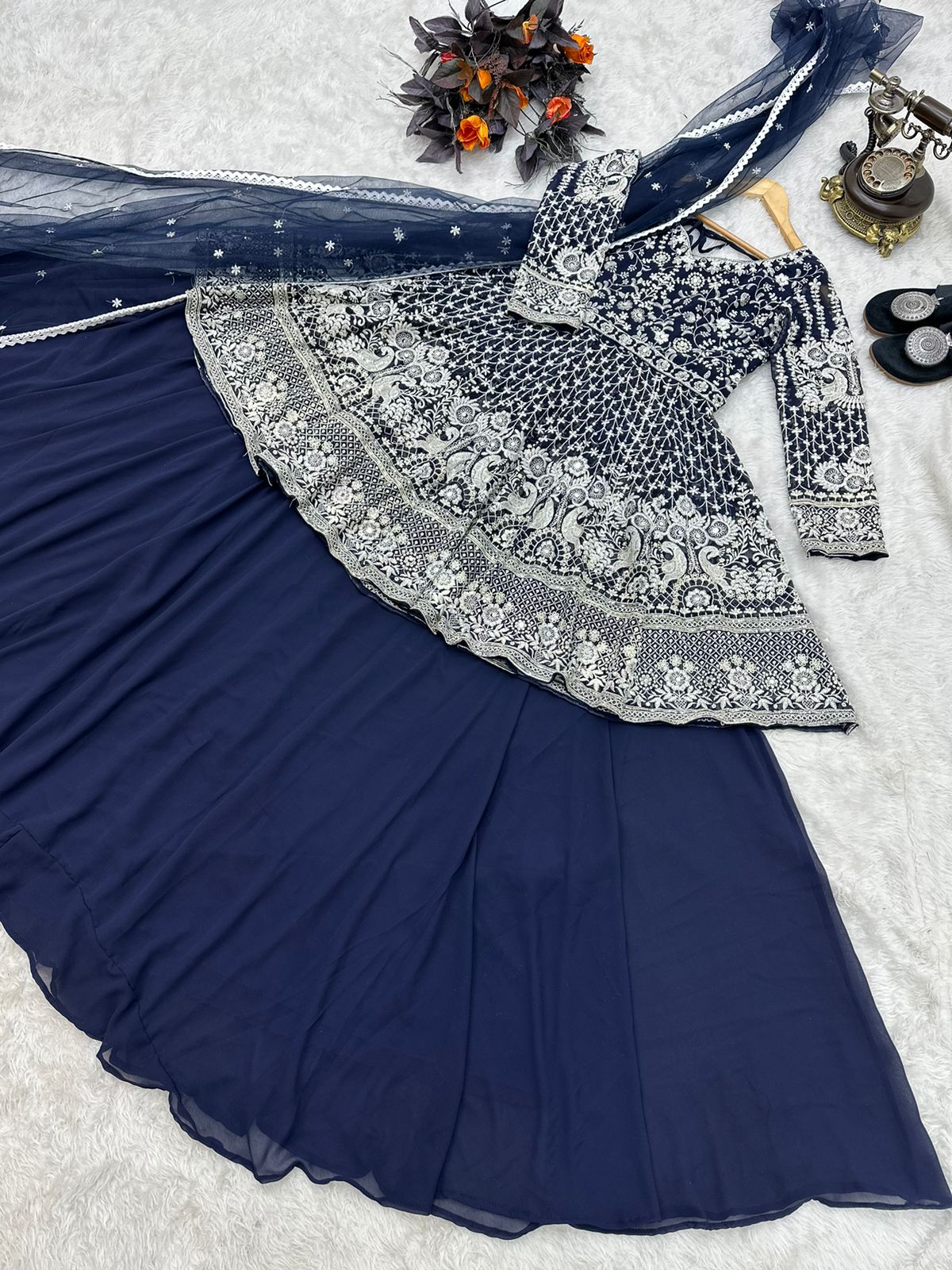 Navy Blue Color Embroidery Sequence Work Lovely Top With Lehenga