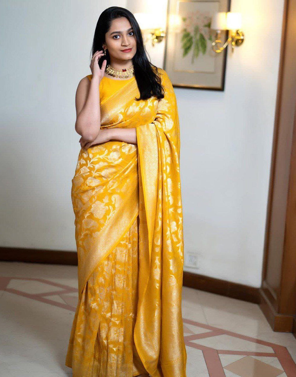 Yellow Soft Lichi Silk Saree With Zari Weaving Work