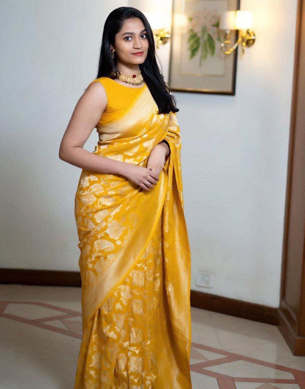 Yellow Soft Lichi Silk Saree With Zari Weaving Work