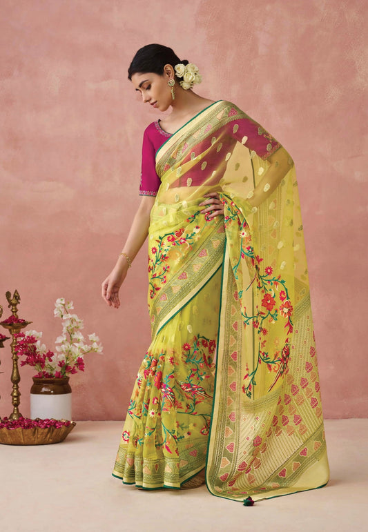 Yellow Soft Brasso Organza Saree with Floral Print and Piping Work